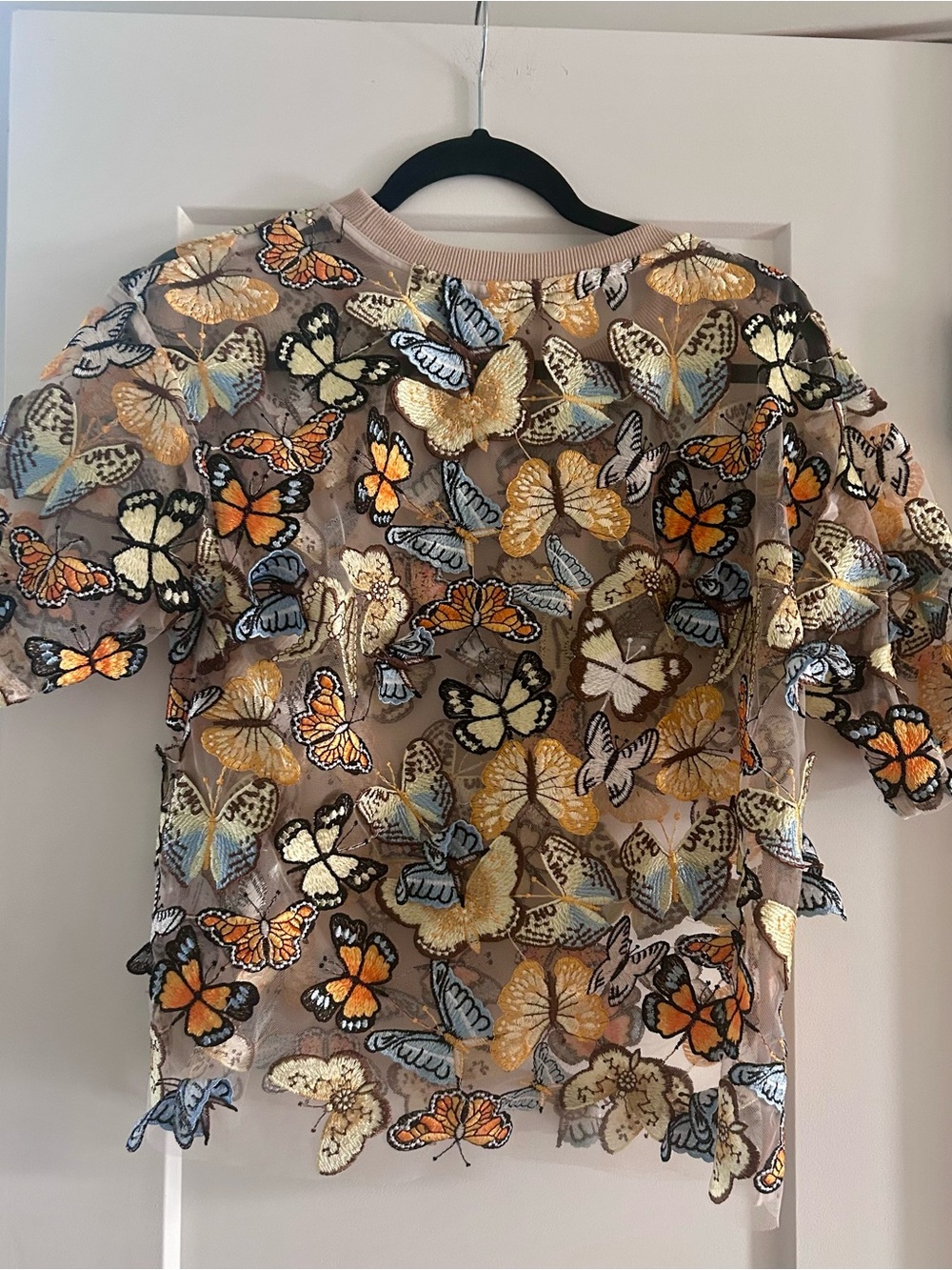 Anthropologie Dolan 3D Butterfly Embroidered Short Sleeve Top - sheer beige - Picture 2 of 5